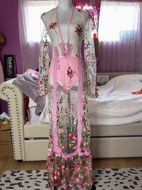 Sheer Floral Embroidered Pink Dress with Bodysuit (flawed)